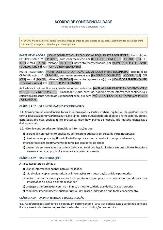 Primeira página do modelo