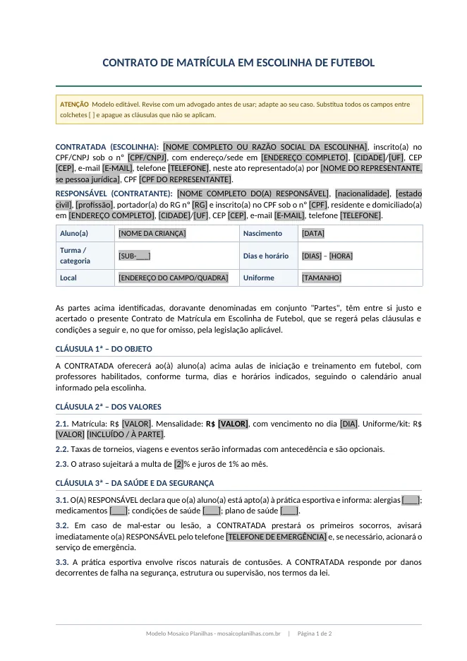 Primeira página do modelo