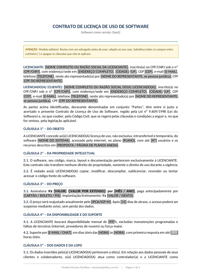 Primeira página do modelo