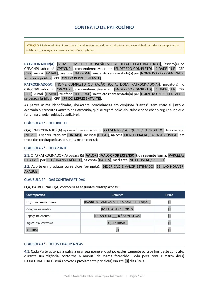 Primeira página do modelo