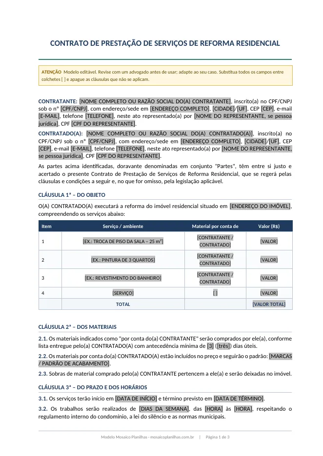 Primeira página do modelo