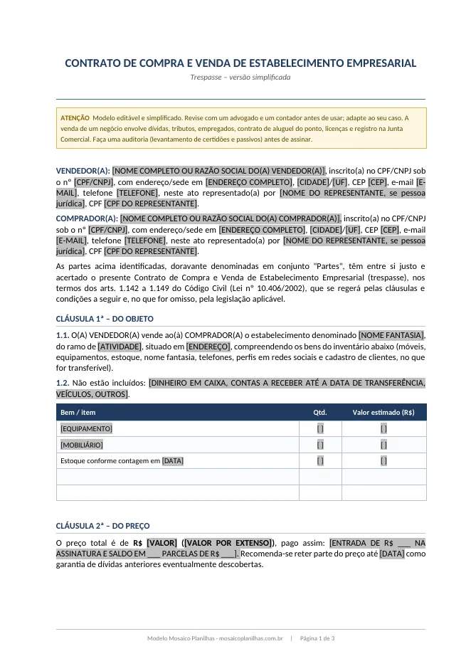 Primeira página do modelo