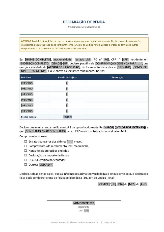 Primeira página do modelo