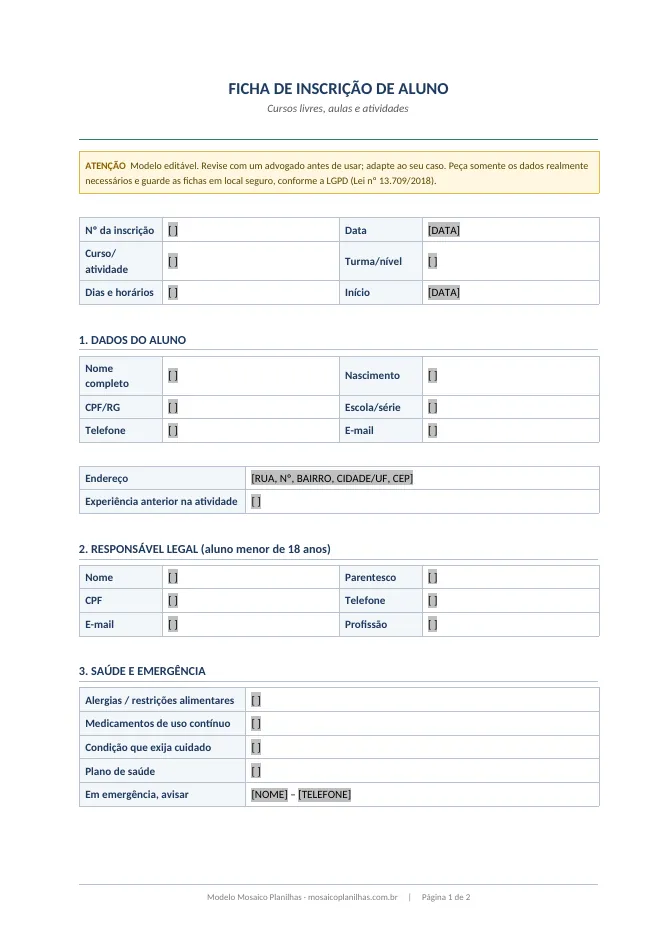 Primeira página do modelo