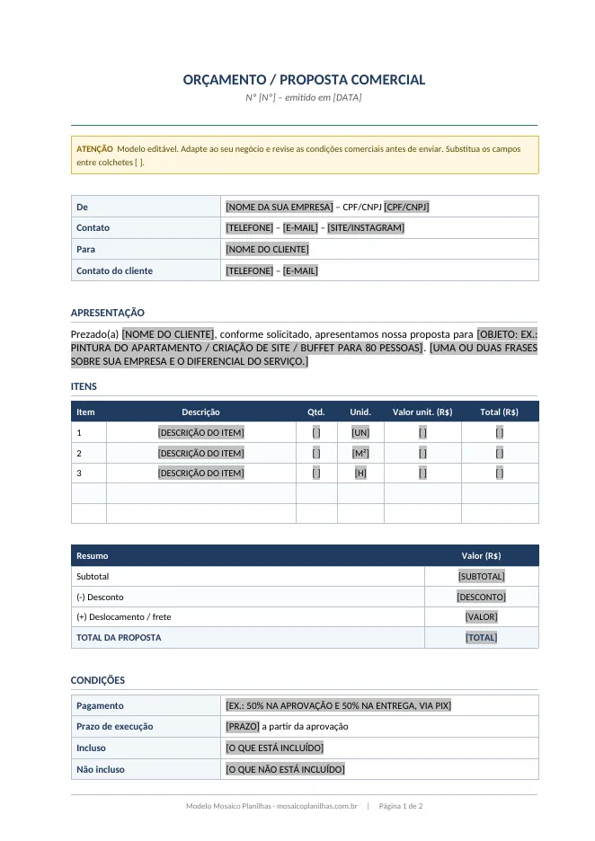 Primeira página do modelo