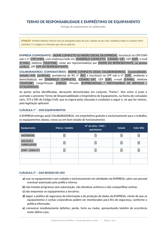 Primeira página do modelo